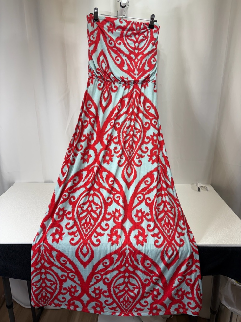 Fashionomics Red and Light Blue Strapless Maxi Dress 2939